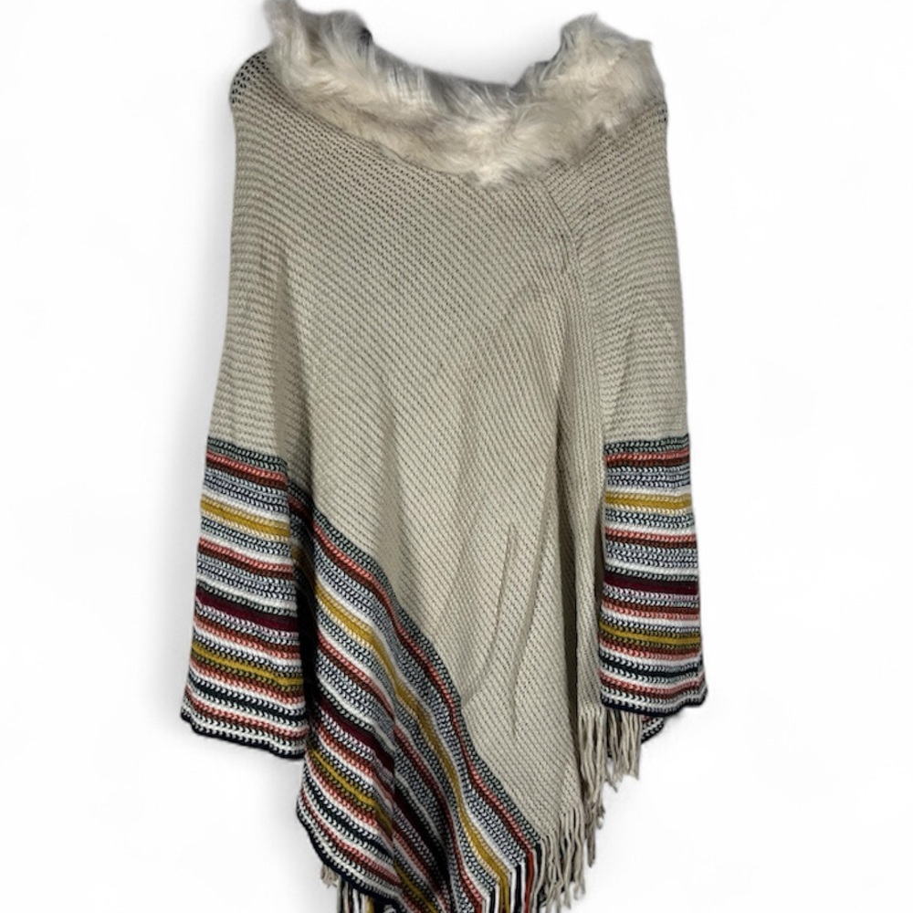 Northern Angel Striped Fringe Poncho with Faux Fur Collar Size L